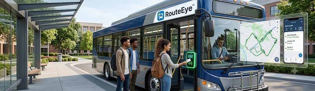 A student taps a smart ID on a bus scanner, with a digital map overlay showing real-time college vehicle tracking.