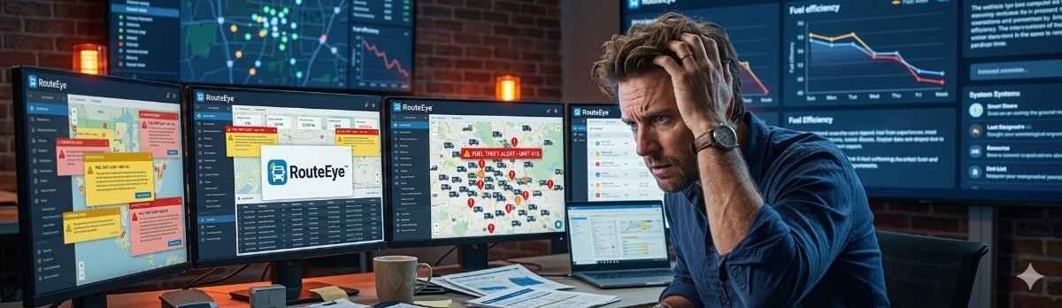 Stressed fleet manager analyzing vehicle data on screens.