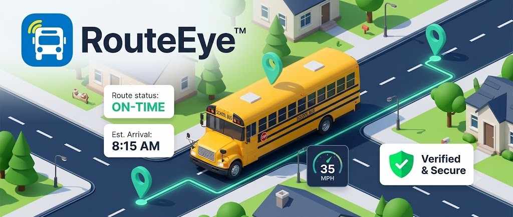 3D vector of a school bus route with RouteEye logo