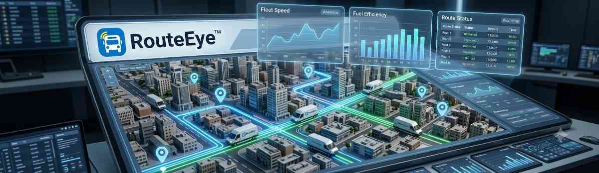 3D isometric city map dashboard featuring the RouteEye logo.