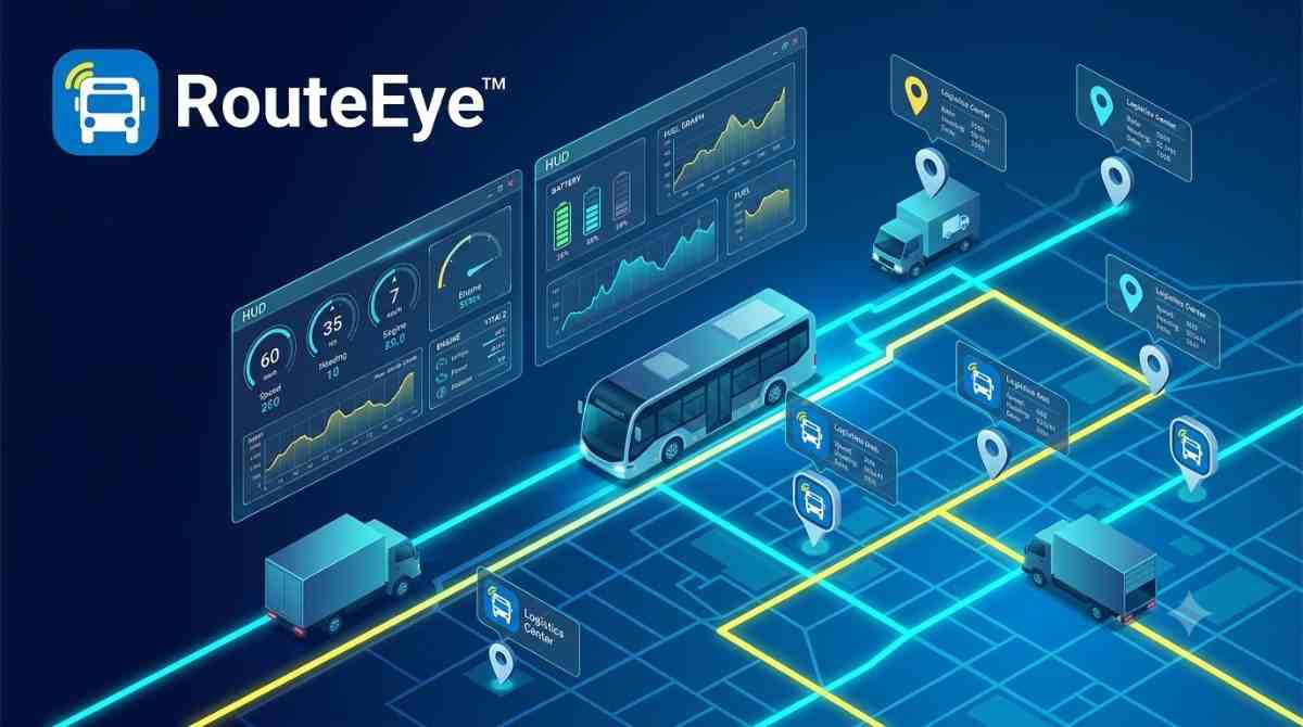 RouteEye logo on futuristic blue isometric fleet tracking grid.