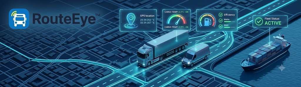 RouteEye fleet tracking illustration featuring semi-truck, van, and ship.